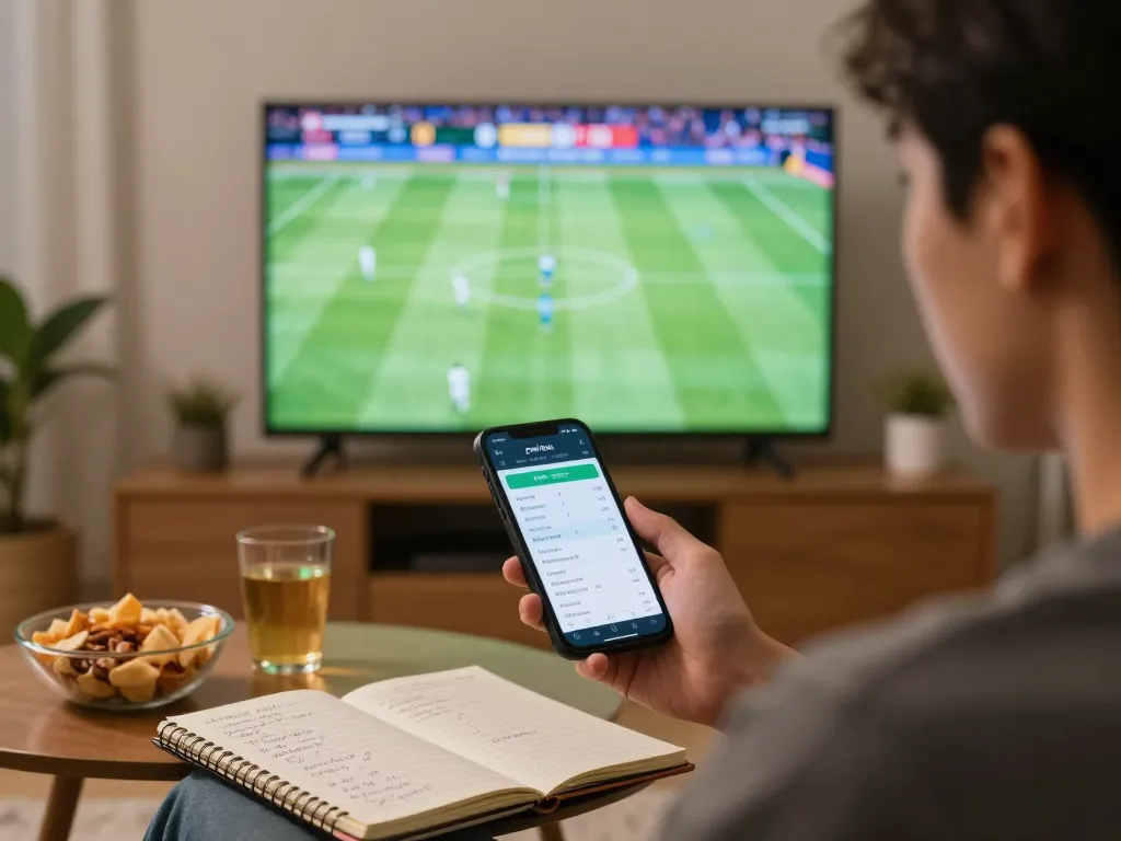 Menonton pertandingan olahraga secara langsung sambil memasang taruhan Judi Bola di smartphone, menciptakan suasana taruhan yang menarik