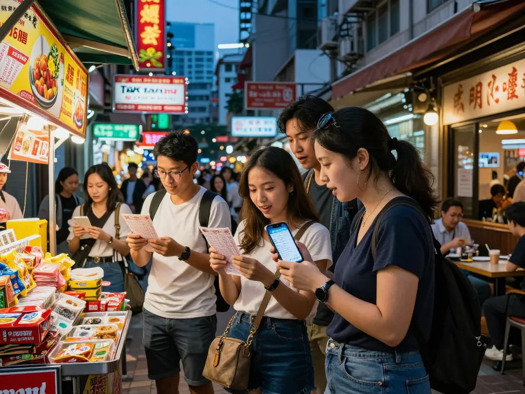 Teman-teman yang bersemangat memeriksa tiket lotere HK Malam Ini mereka di sebuah jalan perkotaan yang ramai.