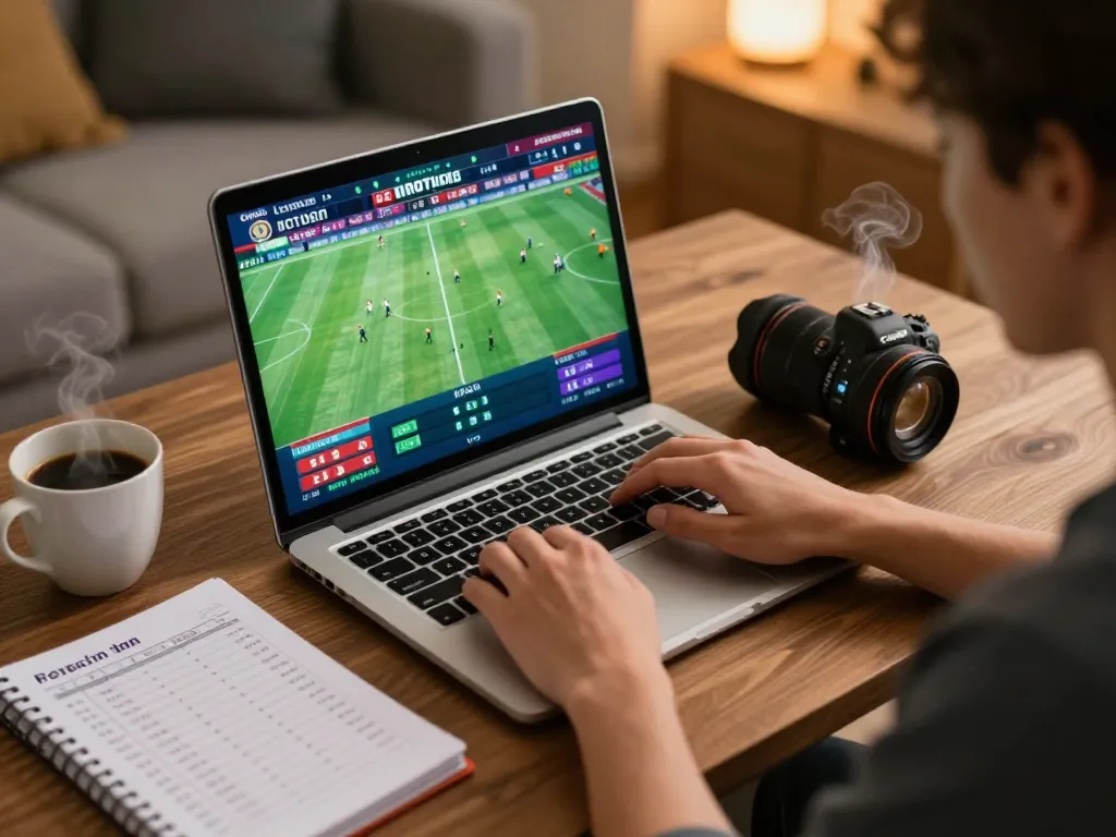 Engaged bettor using CAKHIATV to explore live football betting strategies at home.