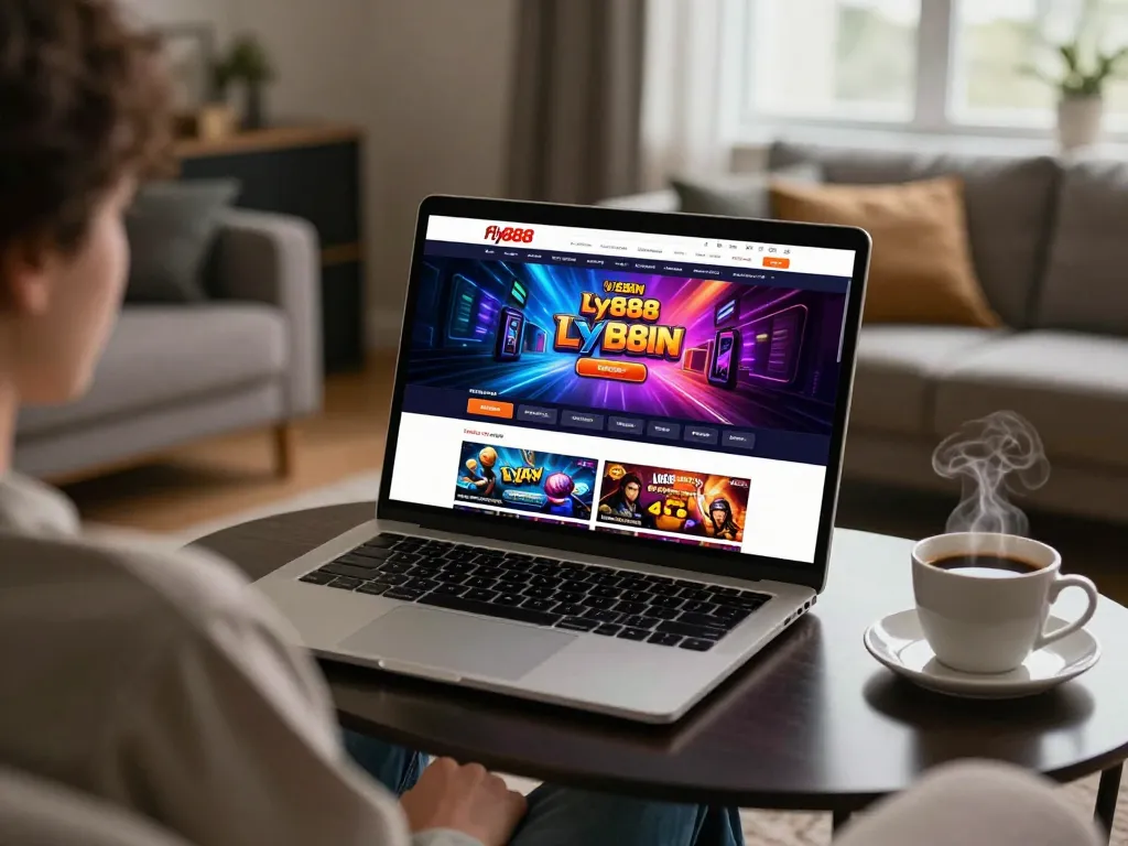 Experience thrilling gameplay on fly888 with a stunning online casino interface in a cozy home setting.