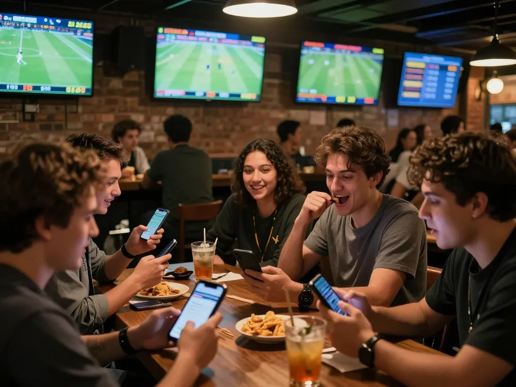 Betting on keo nha cai in a lively sports bar, fans cheering and using mobile apps.