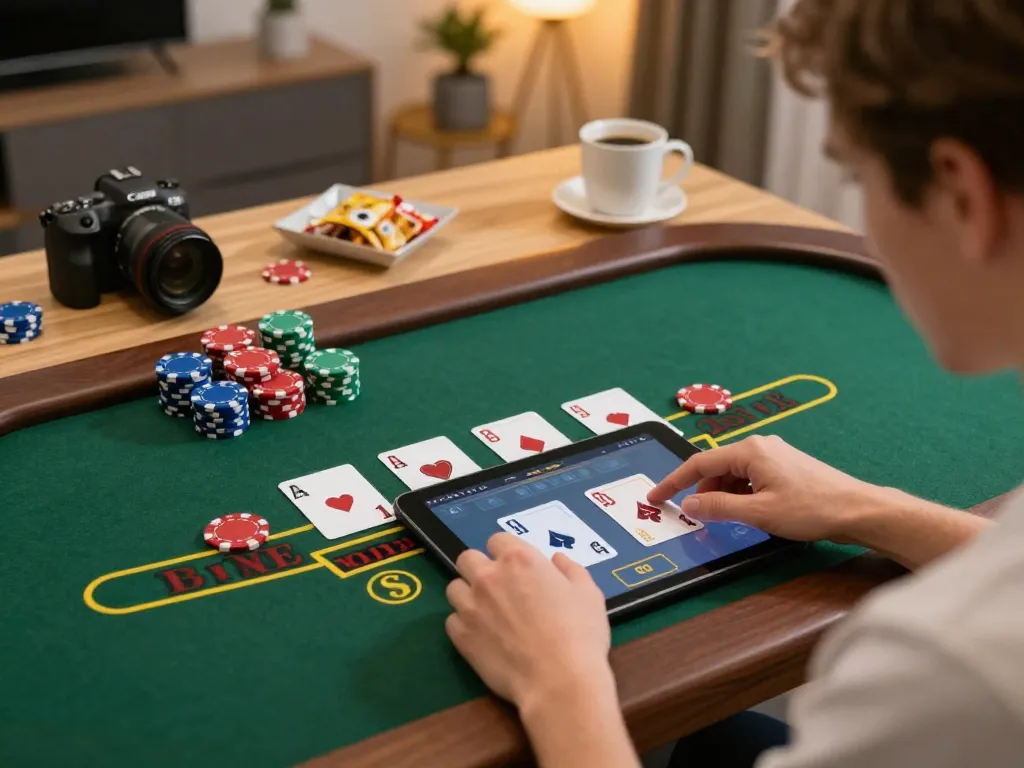 Engaging with MB66's live dealer blackjack on a tablet in a cozy home setting, showcasing strategic gameplay.