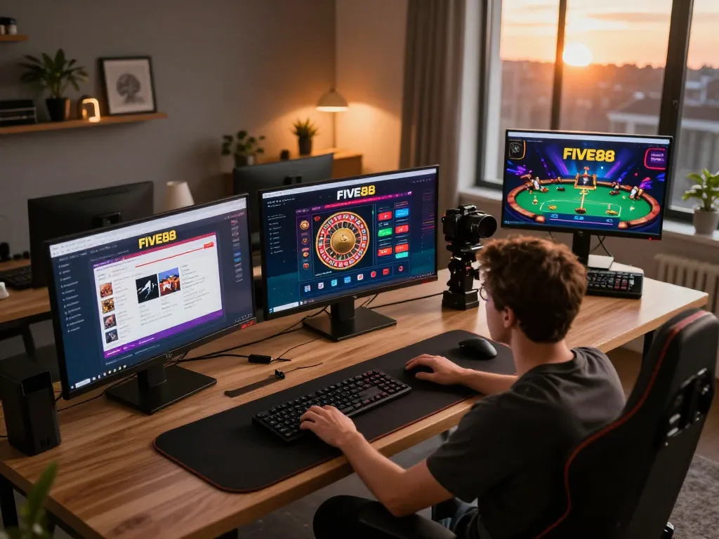 Engaging with the FIVE88 betting app on multiple screens in a cozy home gaming setup.
