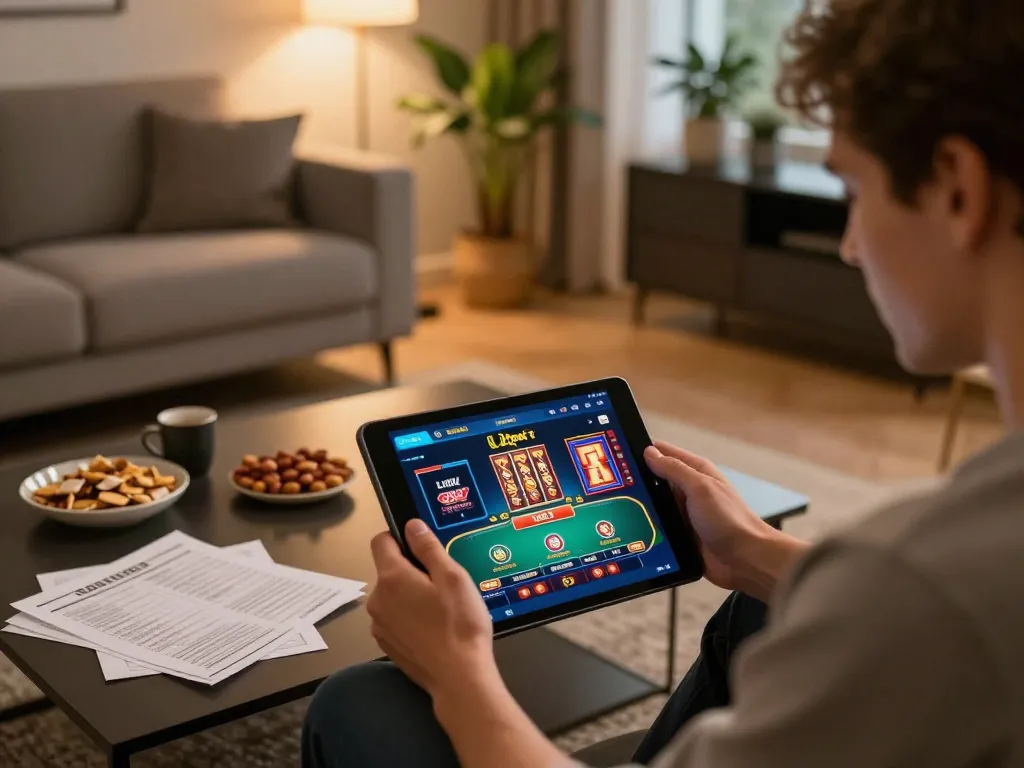 Tham gia với Liên kết 12bet trên máy tính bảng trong bối cảnh gia đình ấm cúng, nhấn mạnh không khí trò chơi casino trực tuyến