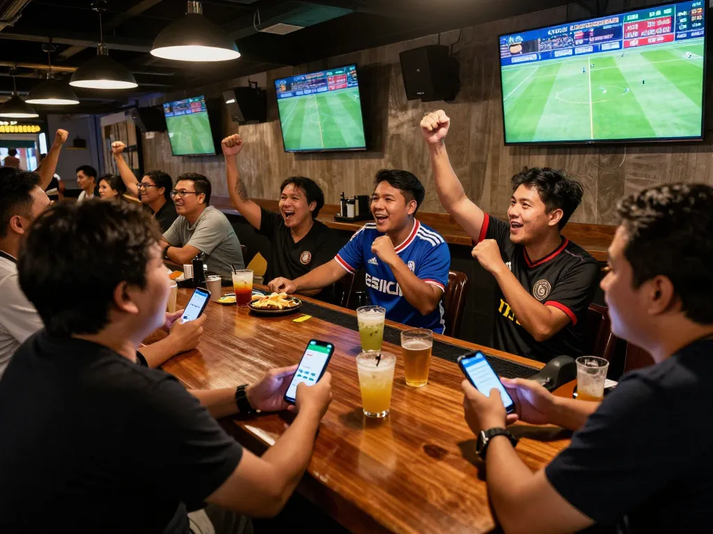 Pelanggan yang terlibat dalam taruhan Judi Bola sambil menikmati pertandingan sepak bola langsung di bar olahraga yang ramai.