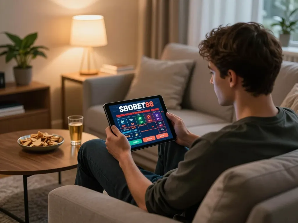 Gamer SBOBET88 online sedang berinteraksi dengan tablet, menggambarkan lingkungan taruhan yang bertanggung jawab dan strategis
