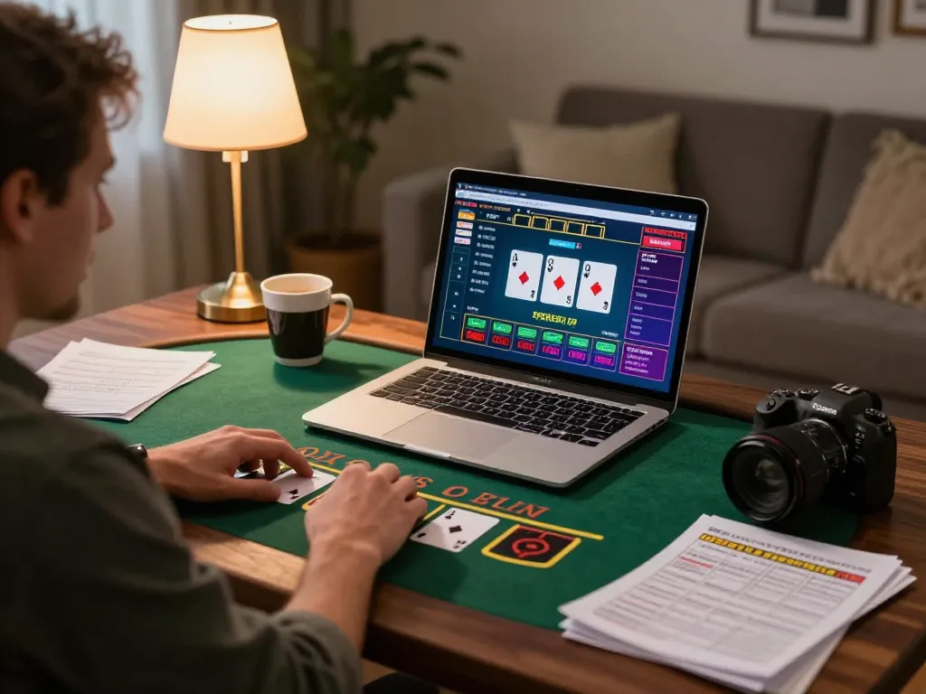 uu88 player engaged in live dealer blackjack game on laptop, cozy home setup enhancing online gambling experience.