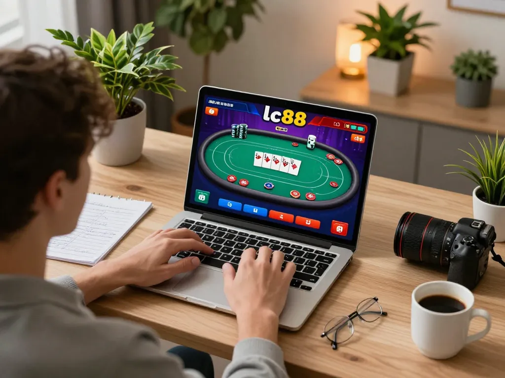 Engaging session with lc88 game on laptop, showcasing strategic gameplay in a stylish home setup.