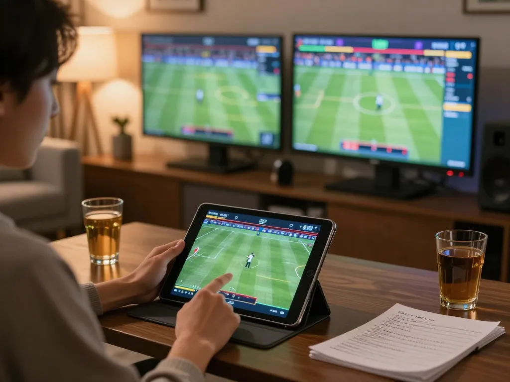 Socolive sports betting setup showing person using tablet for online gambling with match displays