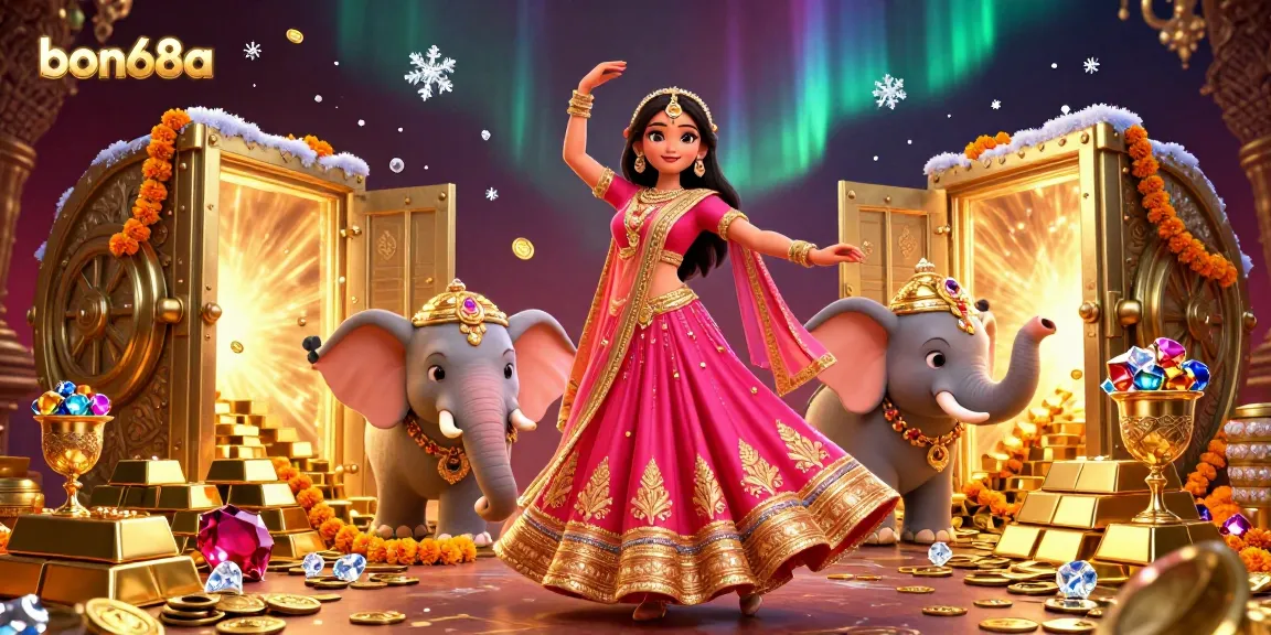 Experience the thrill of bon68a with an enchanting casino illustration featuring gold treasures and energetic characters.