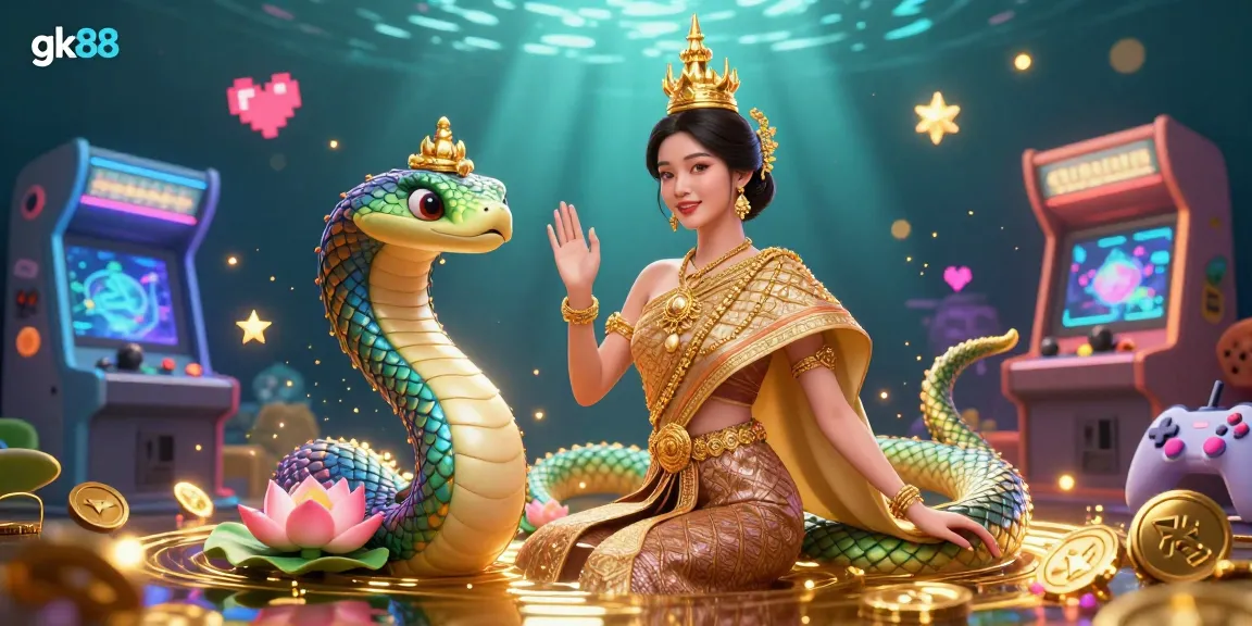 Engage with the vibrant gk88 casino world, featuring a Thai dancer and Naga serpent amidst golden gaming elements.