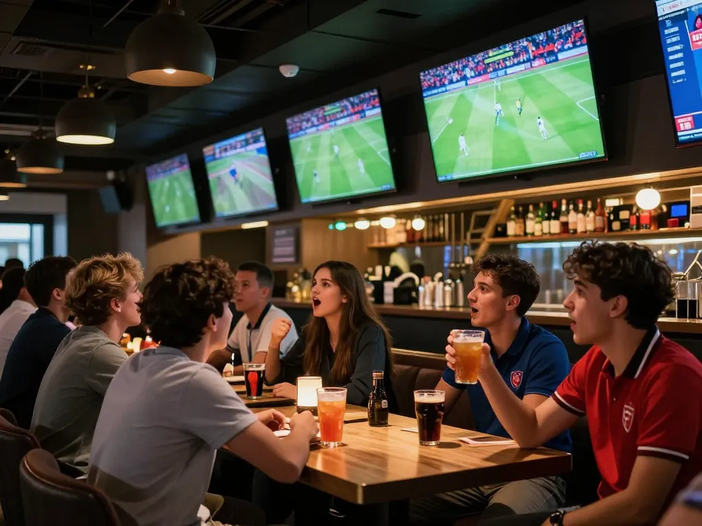 Fans enjoying bong da truc tiep at a lively sports bar with multiple screens displaying matches.