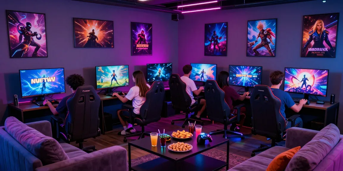 Group enjoying nsfw games in a vibrant gaming lounge with LED lighting.
