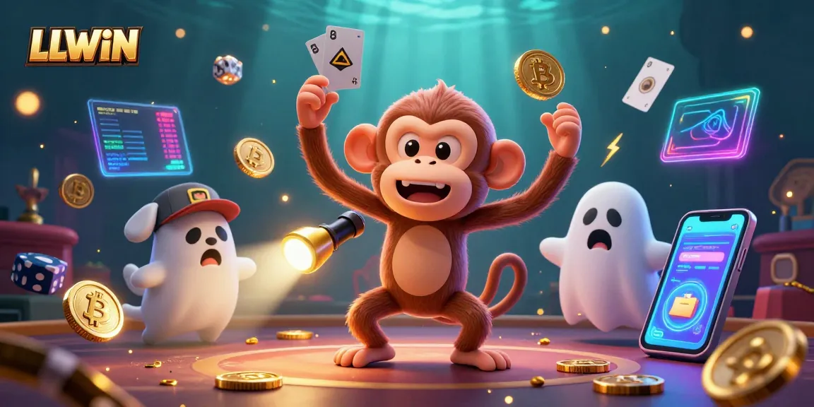 Track the golden juggler monkey at LLWIN's haunted casino, surrounded by 3D crypto coins and gaming elements.