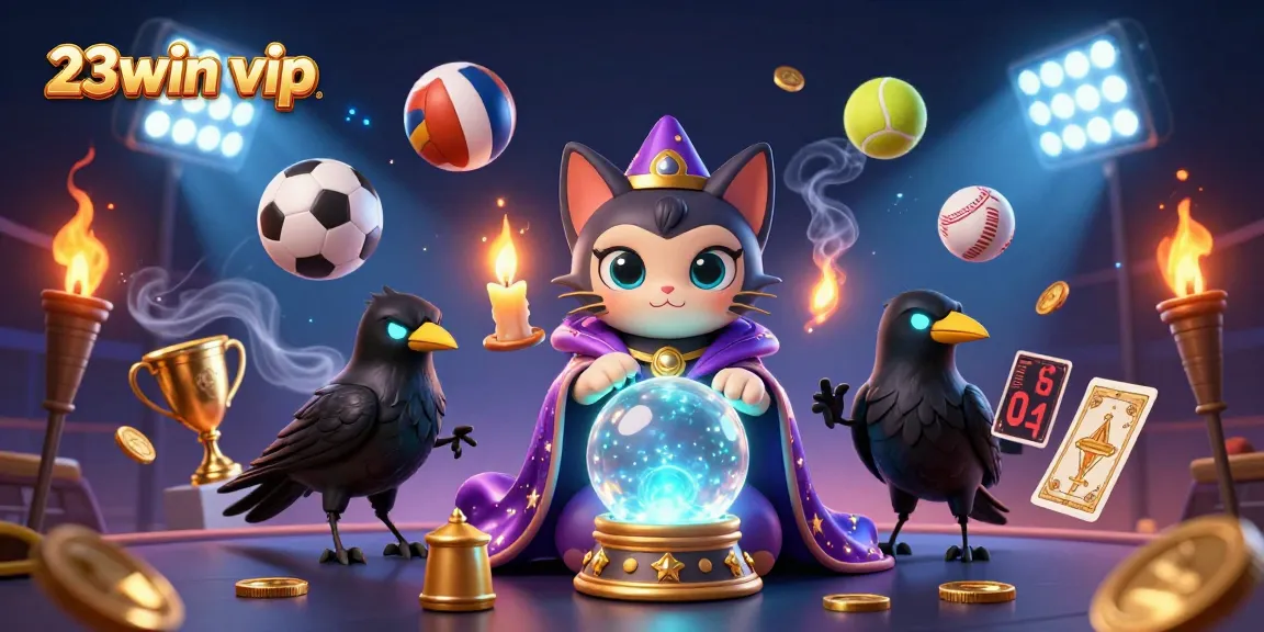 Engage in thrilling actions with 23win vip, featuring a mystical fortune teller and vibrant sports elements.