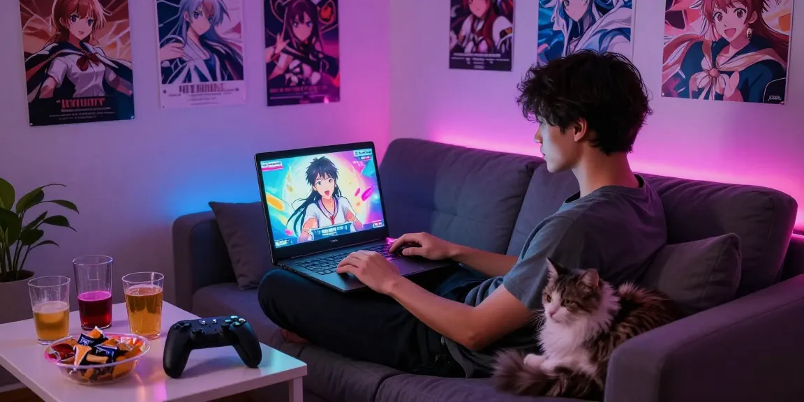 Cozy intimate gaming scene featuring engaging hentaigames on laptop with LED lights.