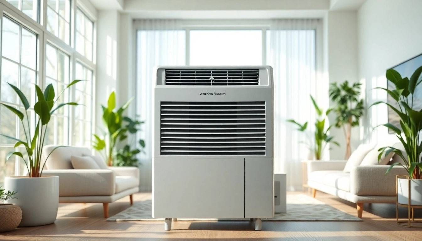 Showcasing an american standard air conditioner in a modern living room, highlighting its sleek design. related image