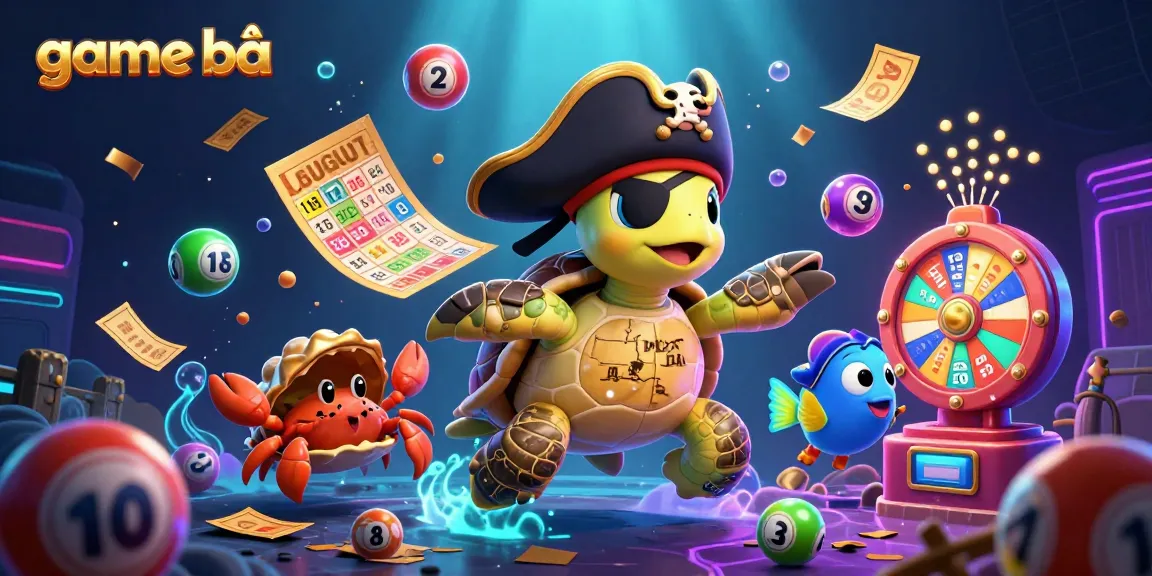 Engage with game bài through vibrant 3D characters surrounded by lottery elements and treasures.