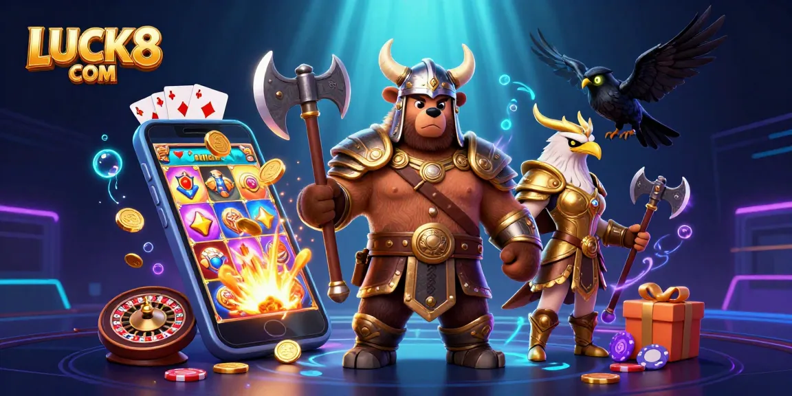 Spin the reels with LUCK8 COM's vibrant casino characters amidst golden coins and dynamic gameplay.
