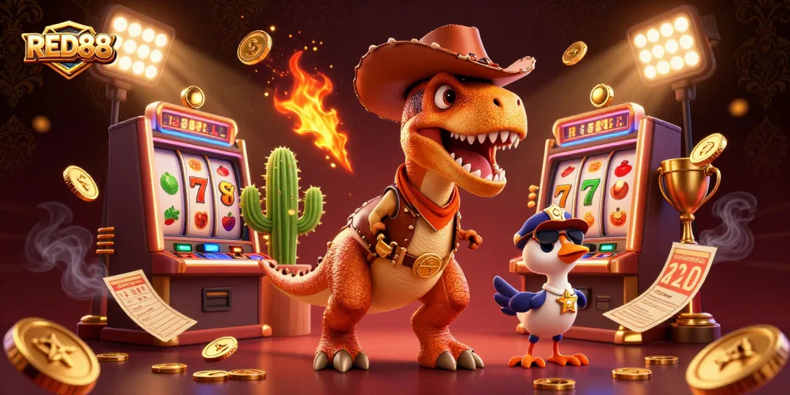 Engage with RED88 gaming tactics through a vibrant, cartoon-styled casino illustration.