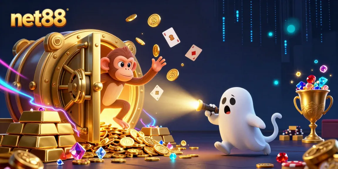 Engage in the haunted fun at net88 with a playful monkey juggling casino treasures.