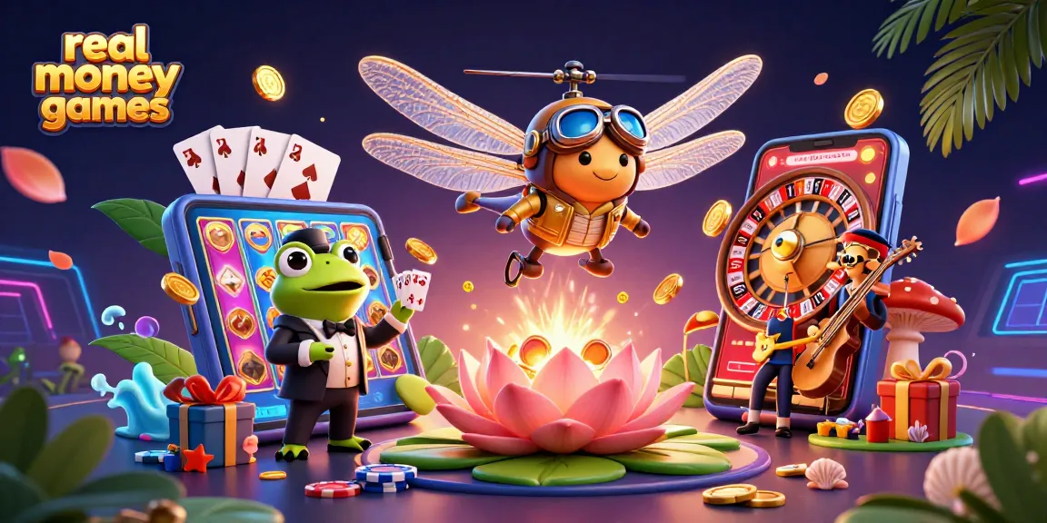 Experience the excitement of real money games in a vibrant 3D casino scene with colorful elements.