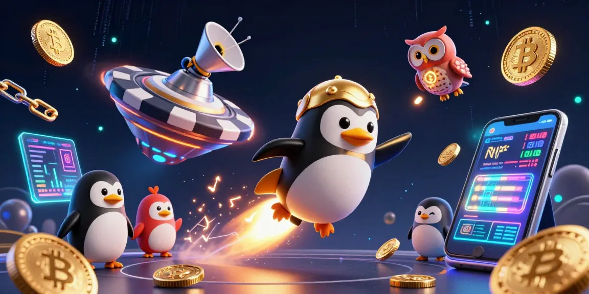 Experience the thrill of winning at Sunwin with a golden penguin soaring to a vibrant casino in space.