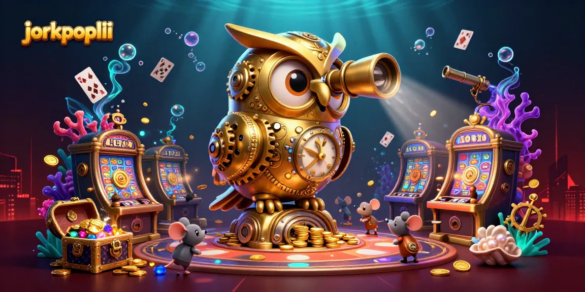 Engage with jorkpoplil’s vibrant casino scene featuring a clockwork owl and dynamic elements.